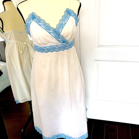 White summer dress with blue lace- medium - Picture 1 of 3